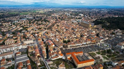 Aerial panoramic view around the old town of the city Orange France on a sunny day in early spring.