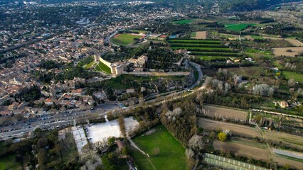  Aerial panoramic view around the old town in the city Villeneuve-les-Avignon on a late afternoon in early spring.
