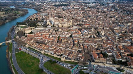  Aerial panoramic view around the old town in the city Avignon on a late afternoon in early spring.