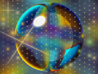 A colorful sphere with stars and a light shining on it