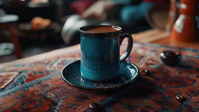 The shows a single cup of coffee with crema and foam on top, placed on a saucer. The tablecloth beneath the cup has an intricate pattern that adds to the overall charm of the scene.