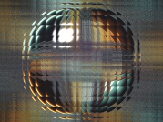 A blurry image of a sphere with a reflection of a person in the center