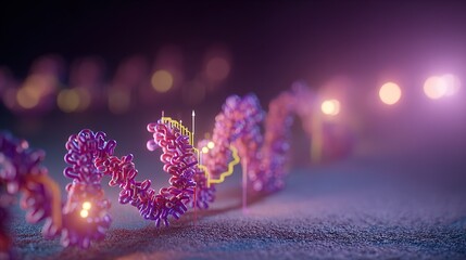 3D - rendered RNA polymerase binding to promoter region, transcription factor action pathways labeled beside, background is laboratory purple light source	