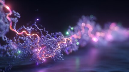 3D - rendered RNA polymerase binding to promoter region, transcription factor action pathways labeled beside, background is laboratory purple light source	