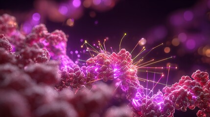 3D - rendered RNA polymerase binding to promoter region, transcription factor action pathways labeled beside, background is laboratory purple light source	