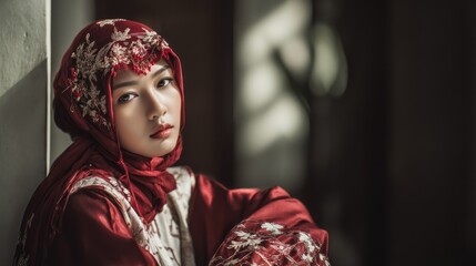 Portrait of a serene woman in traditional attire with soft, natural lighting