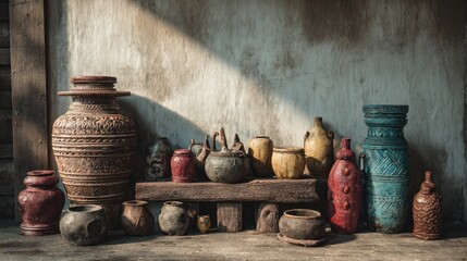 Rustic Still Life of Handmade Pottery Vessels Displayed on a Wooden Shelf
