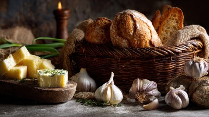 Artisan Breads and Cheeses Arrangement with Rustic Lighting