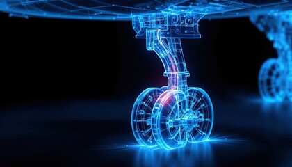 Holographic Blueprint Illustration of an Airplane Landing Gear with Intricate Design and Technological Details on a Dark Background