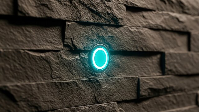Close-up of a glowing blue circular light embedded in a textured stone wall. - Powered by Adobe