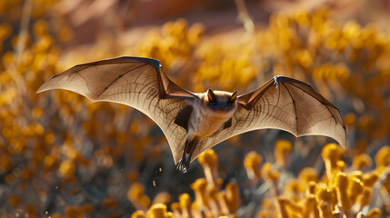 Brown Spotted Bat in Flight over Yellow Desert Flowers