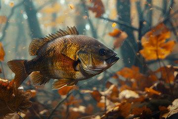 Brown Fish Swimming Underwater Among Autumn Leaves