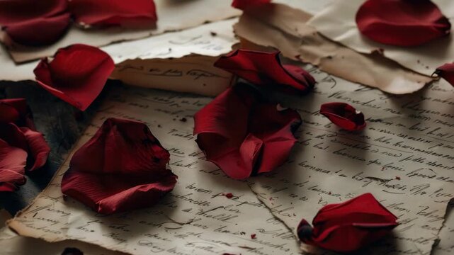 A collection of red rose petals scattered over an old piece of paper with writing. The evokes a sense of romance and nostalgia.