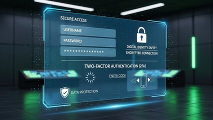 Cybersecurity login interface with two-factor authentication (FA), highlighting username, password and data protection, perfect for illustrating secure access and digital identity safety