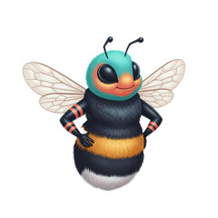 Cheerful cartoon bee with vibrant colors and confident pose ready for action.