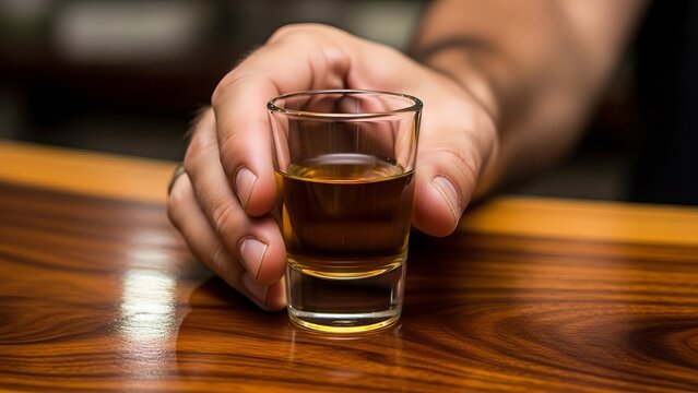 
A man's hand picking up a glass of distilled spirits from a wooden counter.