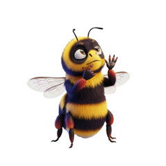 Animated bee character with a thoughtful expression and raised hand gesture.
