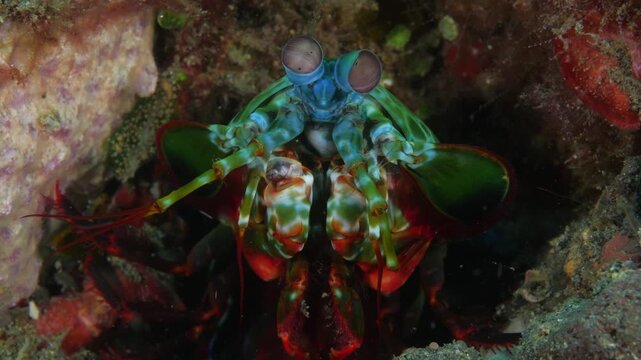 Macro underwater shot of a mantis shrimp watching from its hole. Detailed eye movement highlights one of the ocean&rsquo;s most fascinating animals. Tulamben, Bali, Indonesia