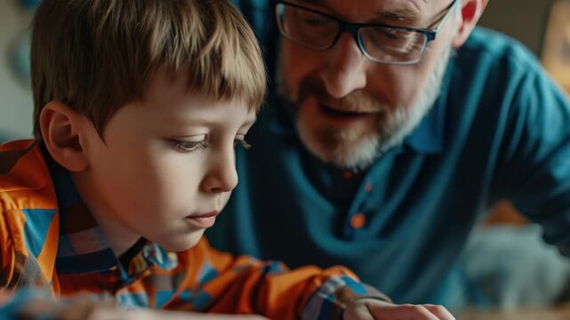 A heartwarming of a father teaching his young son something new on a screen. Their expressions are full of concentration and bonding.