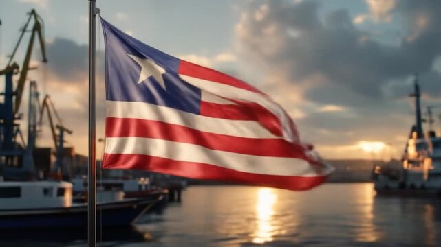 Liberian flag waving proudly at the port against the backdrop of the setting sun casting golden