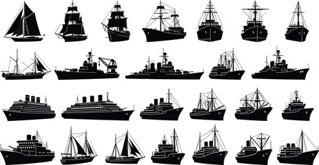 Vintage and modern ship silhouettes collection vector illustration, sailing ships warships cargo vessels liners isolated on white background, maritime transportation design © Samol