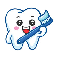 Happy Tooth Character Brushing Teeth with Toothbrush