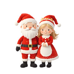 cute christmas doll illustration featuring santa claus and a smiling girl wearing festive outfits, standing together and isolated on a clean white background for holiday decoration use.