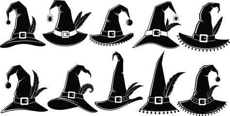 Witch hat silhouettes collection isolated on white background, Halloween magic headwear with feathers and spider details, spooky fantasy black vector illustration set © Samol