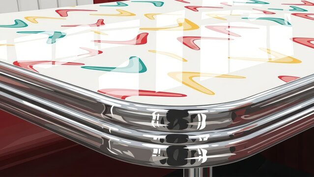 Retro Diner Table with Chrome Trim and Boomerang Patterned Top.