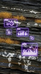 Dramatic Macro of Eroded Slate Stone Woven with Spun Gold Filaments and Projected with Violet Holographic Mineral Analysis Icons