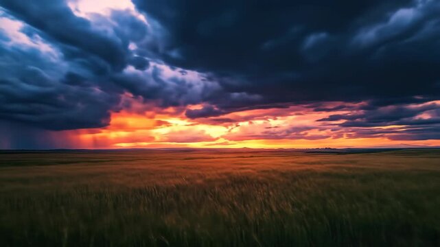 Dramatic sunset over field with dark storm clouds and orange sky