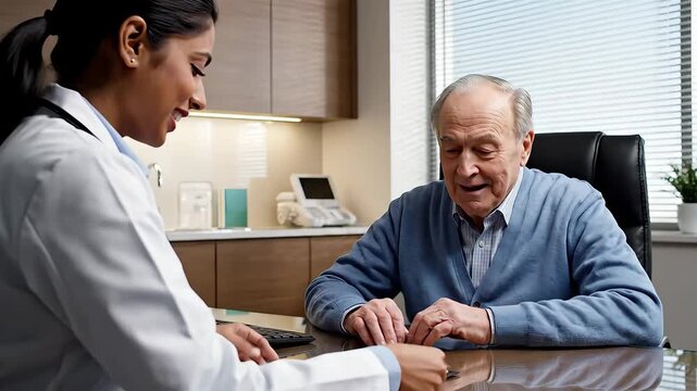 A compassionate female doctor in a professional medical setting consults with an attentive elderly male patient, discussing his health and providing expert medical advice during a routine check-up in.