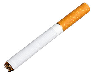 Close-up of a single cigarette, filter visible, against a dark void background
