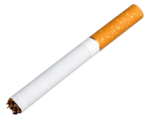 Close-up of a single cigarette, filter visible, against a dark void background