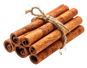 A bundle of cinnamon sticks tied together with twine, isolated on a black background