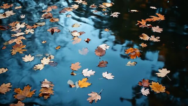 Autumn leaves float on reflective water surface abstract natural background