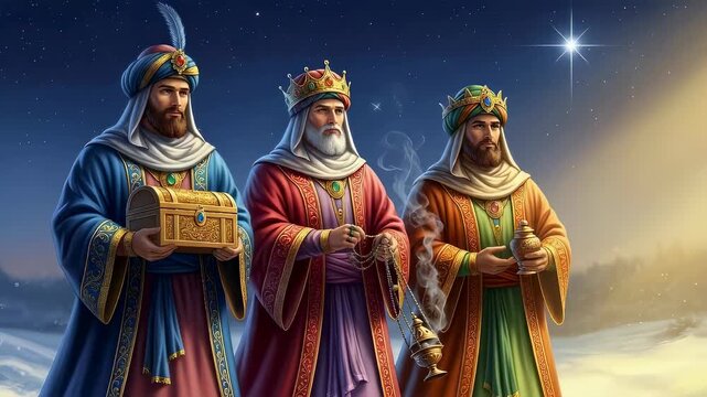Three biblical kings or wise men from the east traveling under the guiding star with gifts for a religious Epiphany celebration
