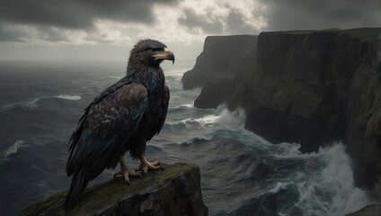 Majestic Eagle Perched on Cliff Overlooking Stormy Ocean Waves.