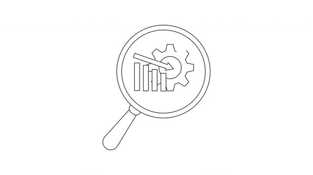 A magnifying glass enlarges a bar graph with a falling arrow and a gear