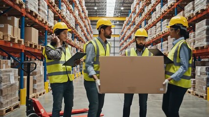 Team of warehouse workers collaborating on logistics and inventory management - Powered by Adobe