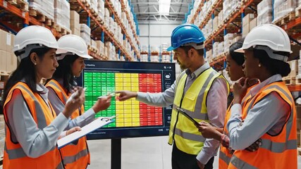 Team reviewing data on screen in warehouse setting productivity report - Powered by Adobe