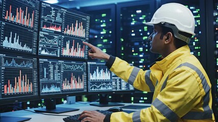 Technician monitors data analytics on multiple computer screens in server room - Powered by Adobe