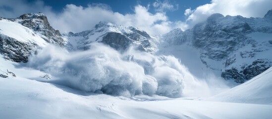 Avalanche in snowy mountains, winter landscape