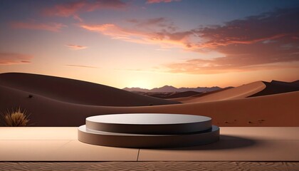 Minimal podium in a desert, dark environment, gradient sky, for product presentation with copy space
