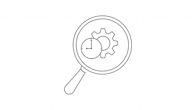 Line drawing magnifying glass clock  cogwheel Minimalistic stark white background
