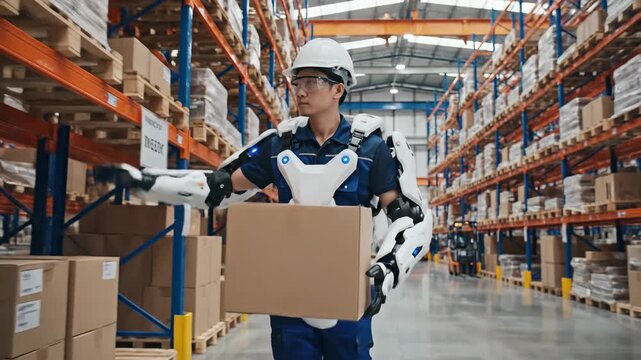Worker in exoskeleton carrying box in modern warehouse with shelves