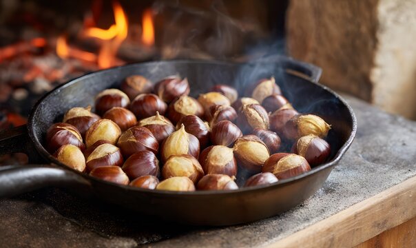 chestnuts, a traditional autumn delicacy. a pan filled with beautifully roasting chestnuts
