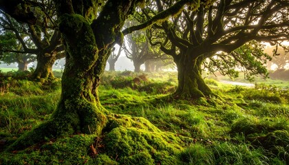 Fototapeta premium A vibrant forest scene where ancient trees covered in moss and lush greenery create a mystical and atmospheric landscape