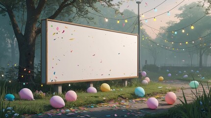 Blank Outdoor Billboard with Colorful Balloons and Confetti in Misty Forest