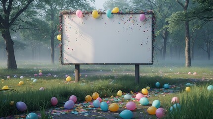 Blank Outdoor Billboard with Colorful Balloons and Confetti in Misty Forest
